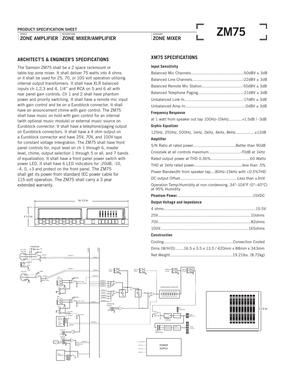 Zm75, Architect’s & engineer’s specifications, Xm75 specifications | Zone amplifier, Zone mixer/amplifier, Zone mixer | Samson ZM75 User Manual | Page 2 / 2