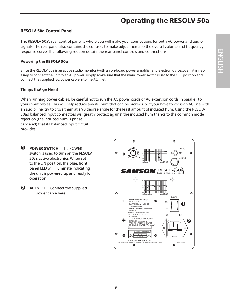Operating the resolv 50a, Powering the resolv 50a, English | Resolv 50a control panel | Samson Resolv 50a User Manual | Page 11 / 52