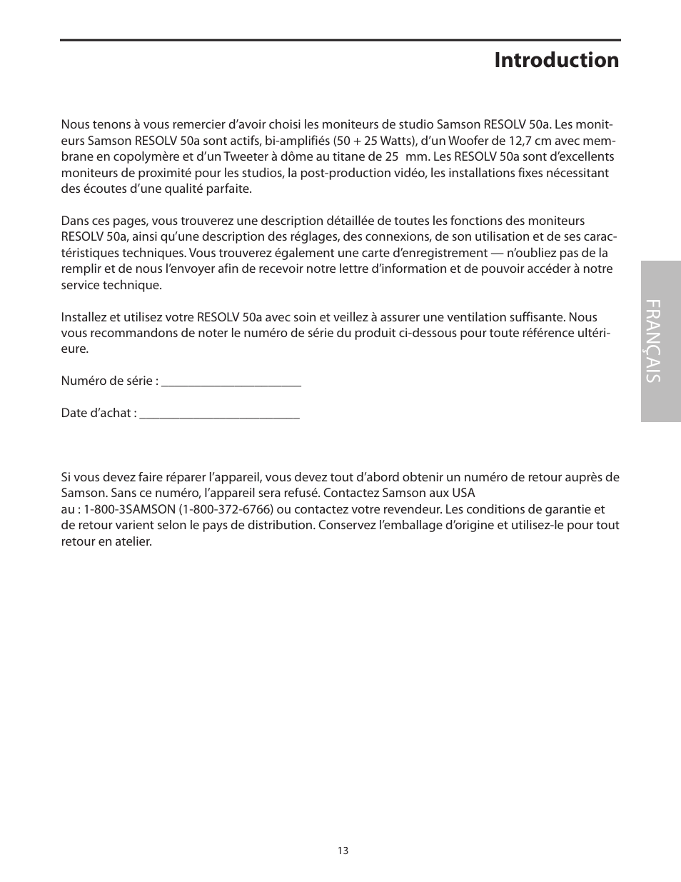 Français, Introduction, Fr anç ais | Samson Resolv 50a User Manual | Page 15 / 52