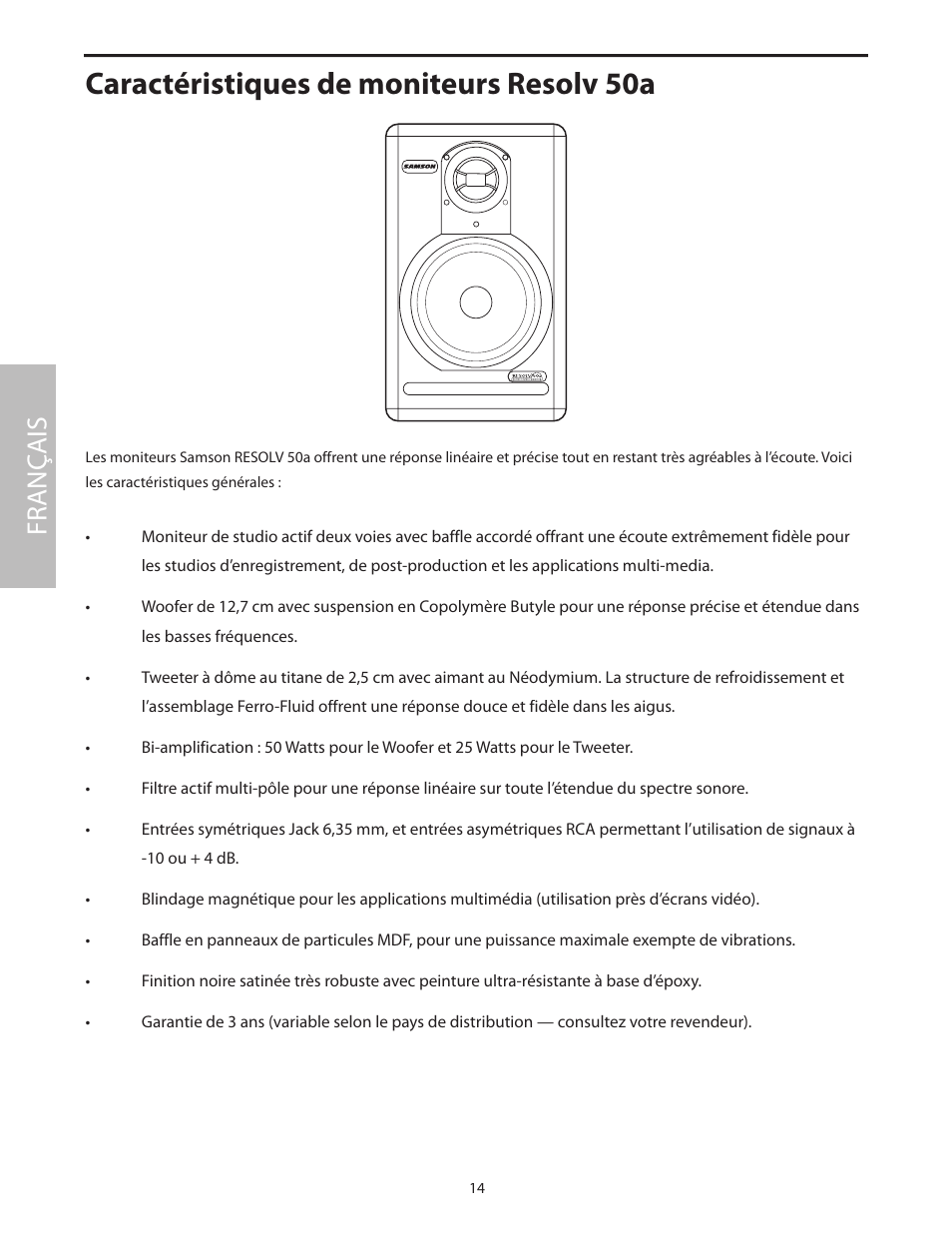 Caractéristiques de moniteurs resolv 50a, Fr anç ais | Samson Resolv 50a User Manual | Page 16 / 52