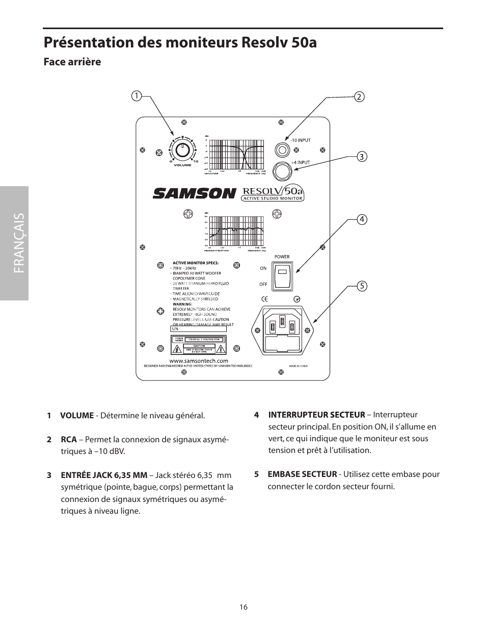 Face arrière, Présentation des moniteurs resolv 50a, Fr anç ais | Samson Resolv 50a User Manual | Page 18 / 52