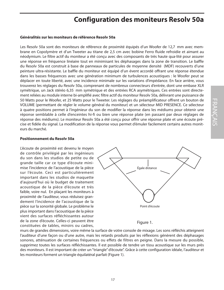 Configuration des moniteurs resolv 50a, Positionnement du resolv 50a, Fr anç ais | Samson Resolv 50a User Manual | Page 19 / 52