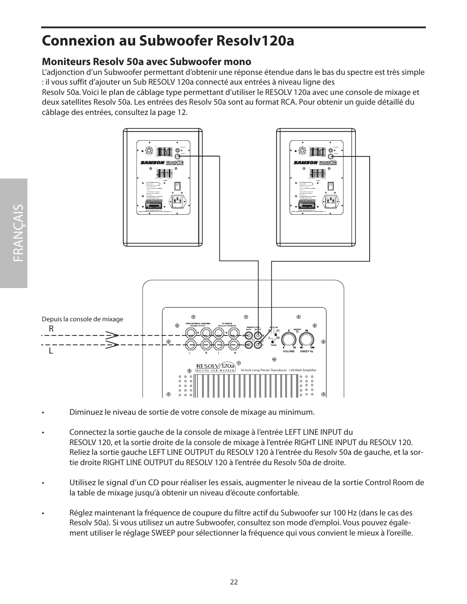 Connexion au subwoofer resolv120a, Fr anç ais, Moniteurs resolv 50a avec subwoofer mono | Samson Resolv 50a User Manual | Page 24 / 52