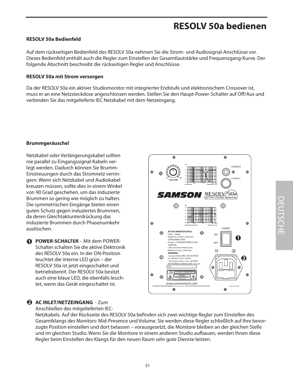 Resolv 50a mit strom versorgen, Brummgeräusche, Resolv 50a bedienen | Deut sche | Samson Resolv 50a User Manual | Page 33 / 52