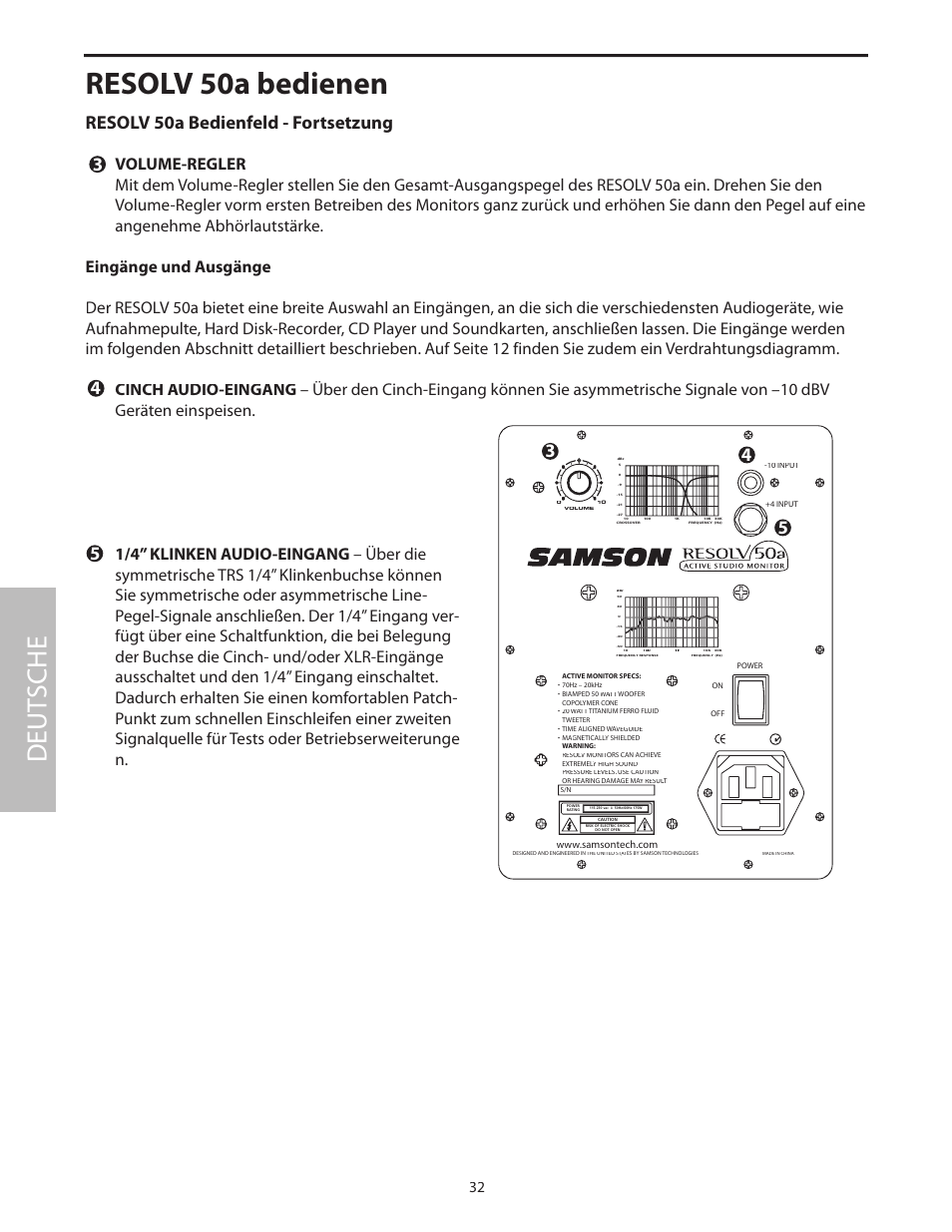 Eingänge und ausgänge, Resolv 50a bedienen, Deut sche | Resolv 50a bedienfeld - fortsetzung | Samson Resolv 50a User Manual | Page 34 / 52