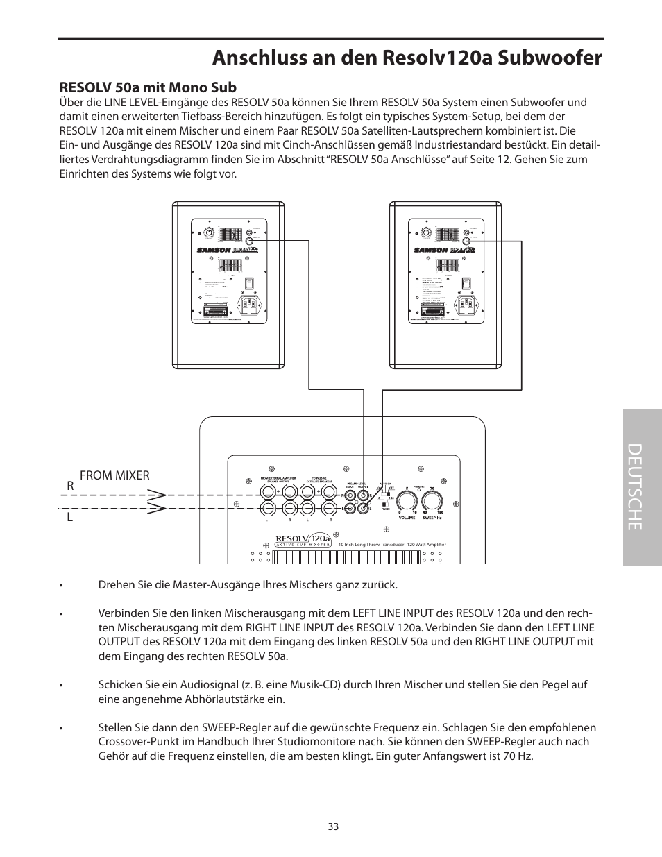 Anschluss an den resolv120a subwoofer, Deut sche, Resolv 50a mit mono sub | Caution, Es by samson technologies | Samson Resolv 50a User Manual | Page 35 / 52