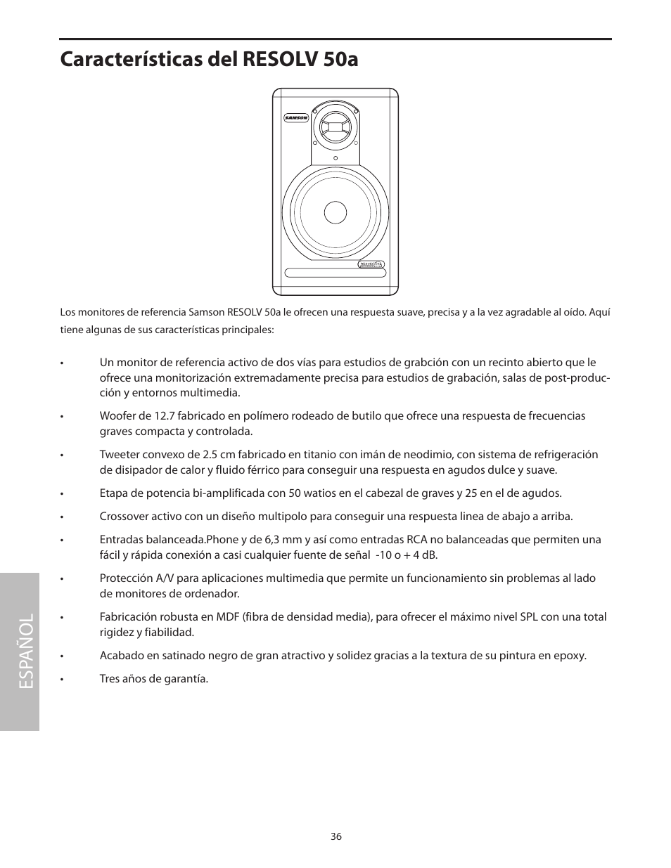 Características del resolv 50a, Esp añol | Samson Resolv 50a User Manual | Page 38 / 52