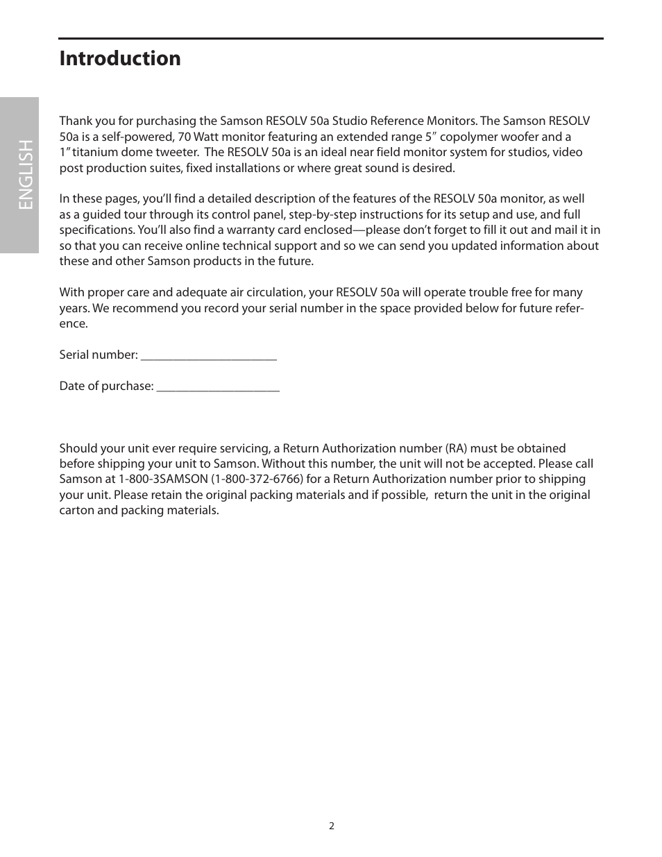 English, Introduction | Samson Resolv 50a User Manual | Page 4 / 52