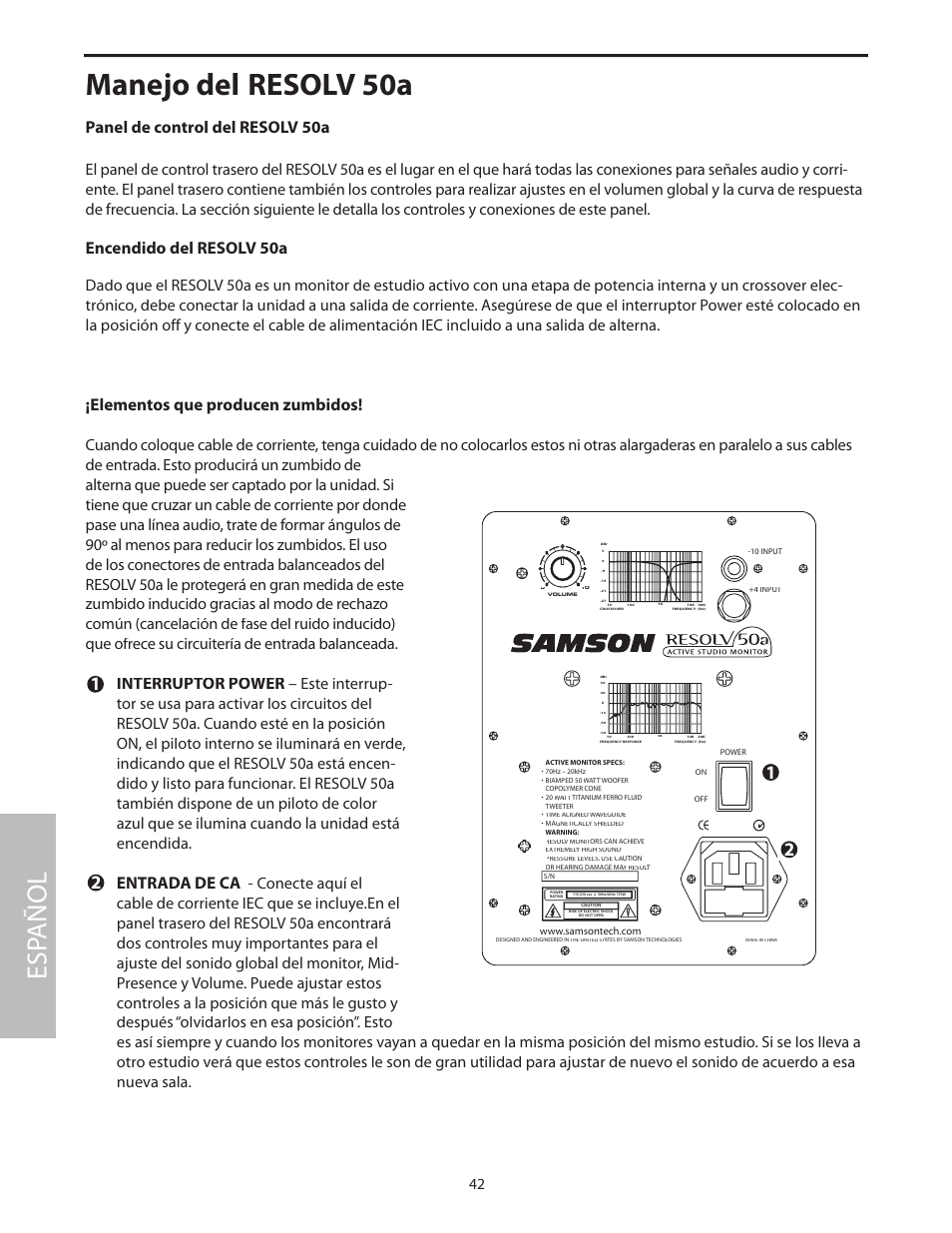 Manejo del resolv 50a, Panel de control del resolv 50a, Esp añol | Encendido del resolv 50a, Elementos que producen zumbidos, Interruptor power, Entrada de ca | Samson Resolv 50a User Manual | Page 44 / 52