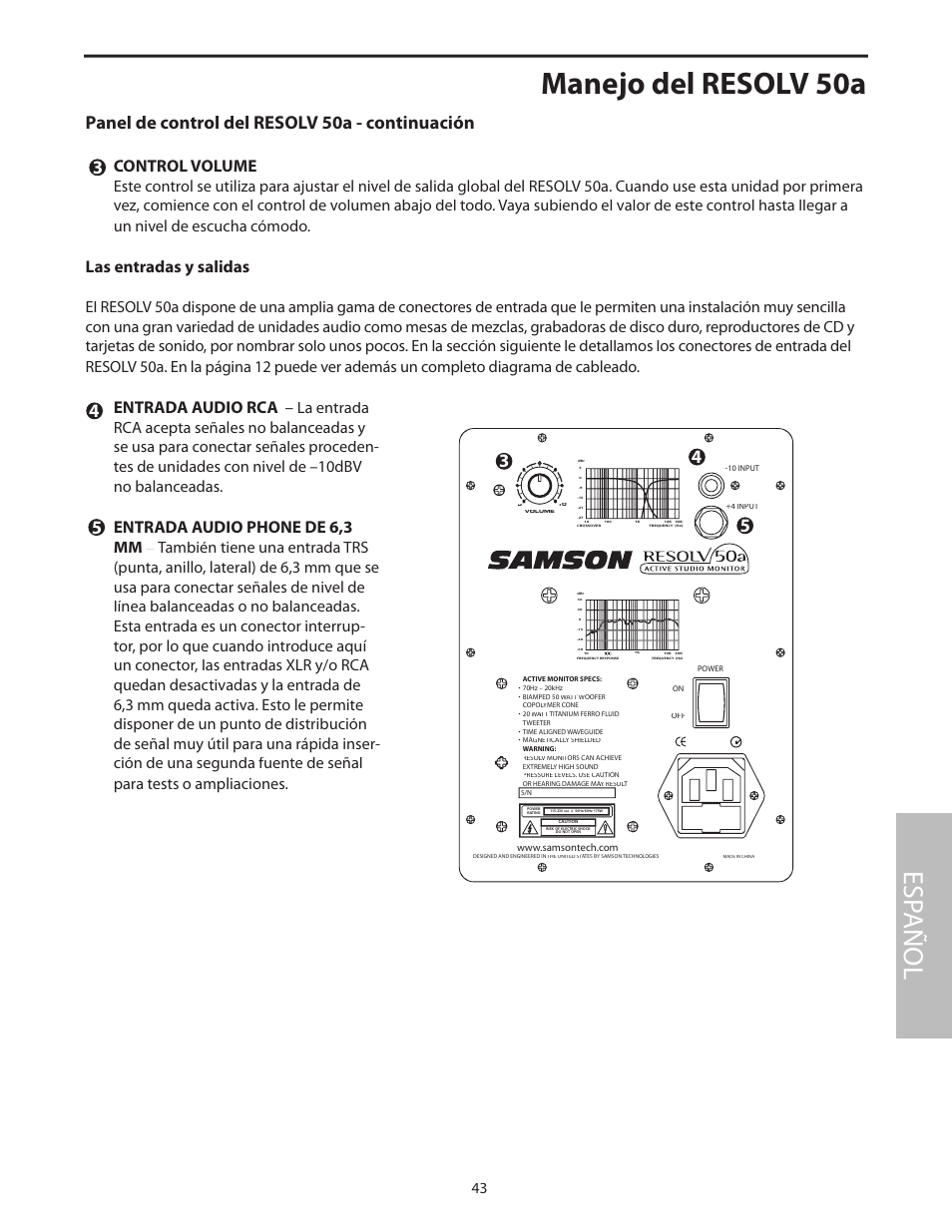 Las entradas y salidas, Manejo del resolv 50a, Esp añol | Panel de control del resolv 50a - continuación, Control volume, Entrada audio rca, Entrada audio phone de 6,3 mm | Samson Resolv 50a User Manual | Page 45 / 52