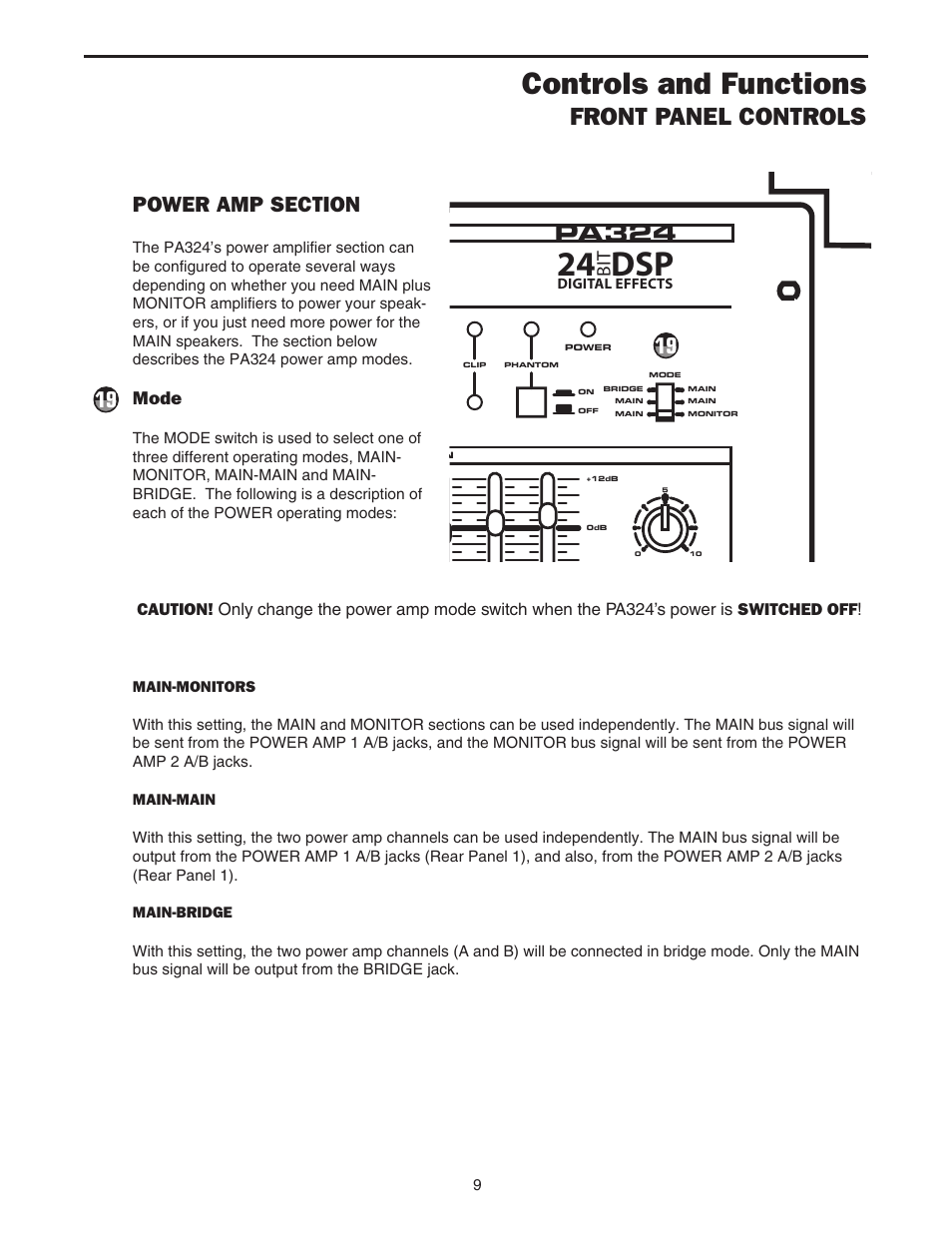 Dsp 24, Controls and functions, Pa324 | Front panel controls, Mode | Samson PA324 User Manual | Page 11 / 23