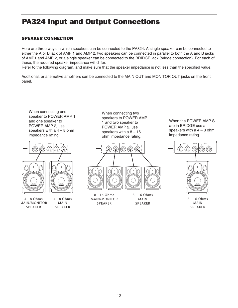 Pa324 input and output connections, Speaker connection | Samson PA324 User Manual | Page 14 / 23