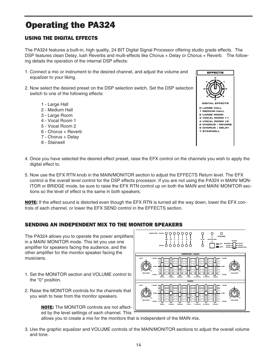 Operating the pa324, Using the digital effects, Sending an independent mix to the monitor speakers | Samson PA324 User Manual | Page 16 / 23
