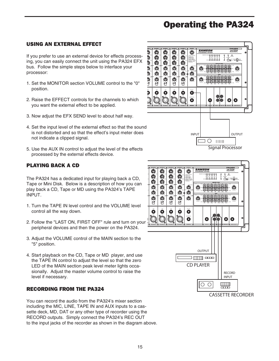 Operating the pa324, Using an external effect, Playing back a cd | Recording from the pa324 | Samson PA324 User Manual | Page 17 / 23