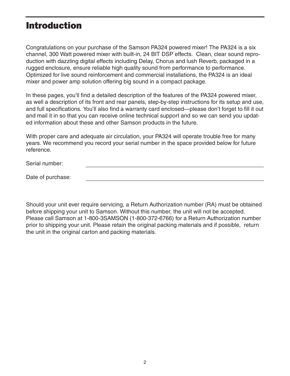 Introduction | Samson PA324 User Manual | Page 4 / 23