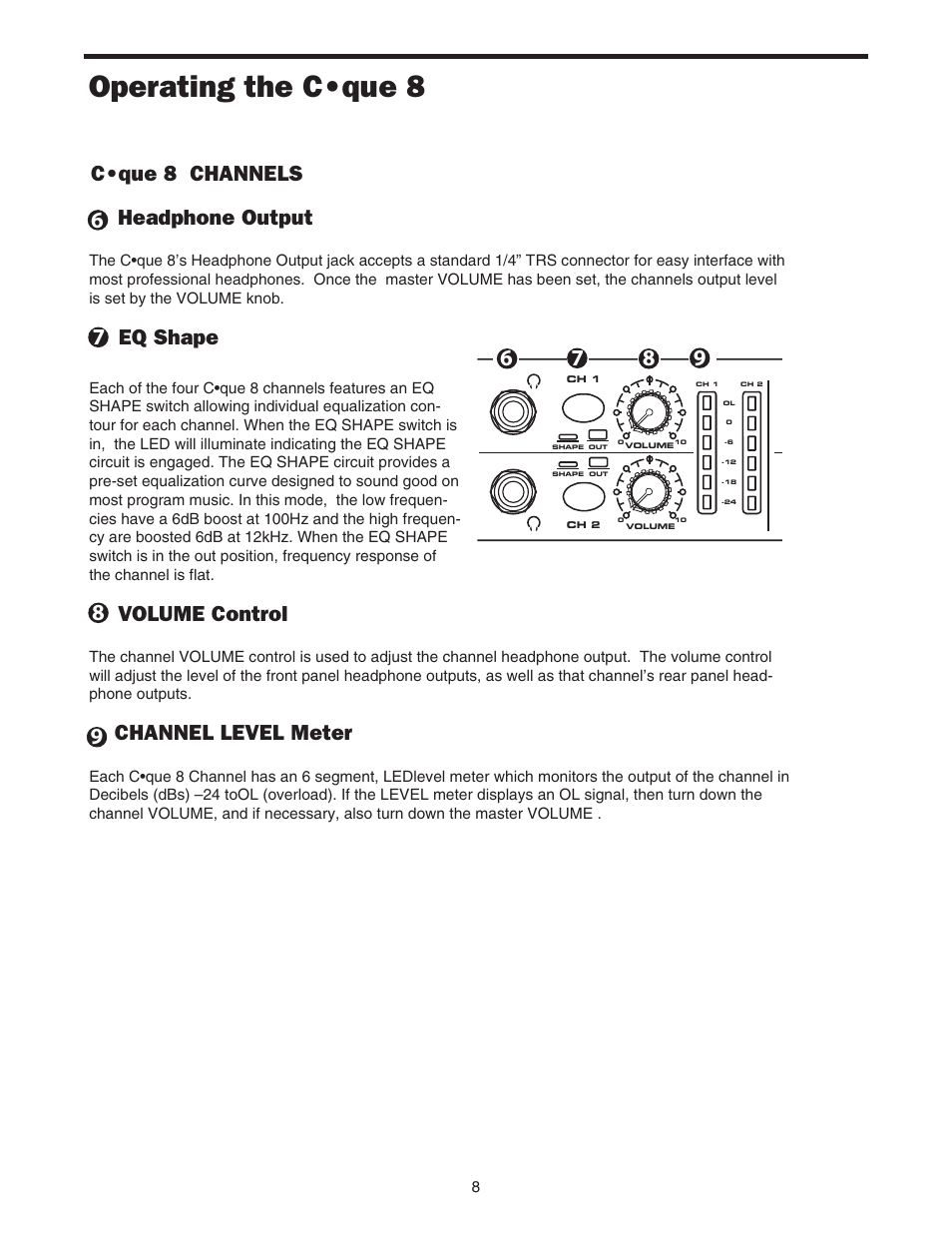 Operating the c•que 8, Headphone output, Eq shape | Volume control, Channel level meter, C•que 8 channels | Samson Cque 8 User Manual | Page 10 / 20