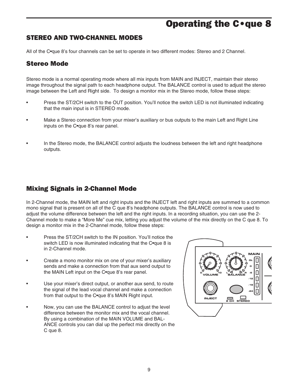 Operating the c•que 8, Stereo and two-channel modes, Stereo mode | Mixing signals in 2-channel mode | Samson Cque 8 User Manual | Page 11 / 20