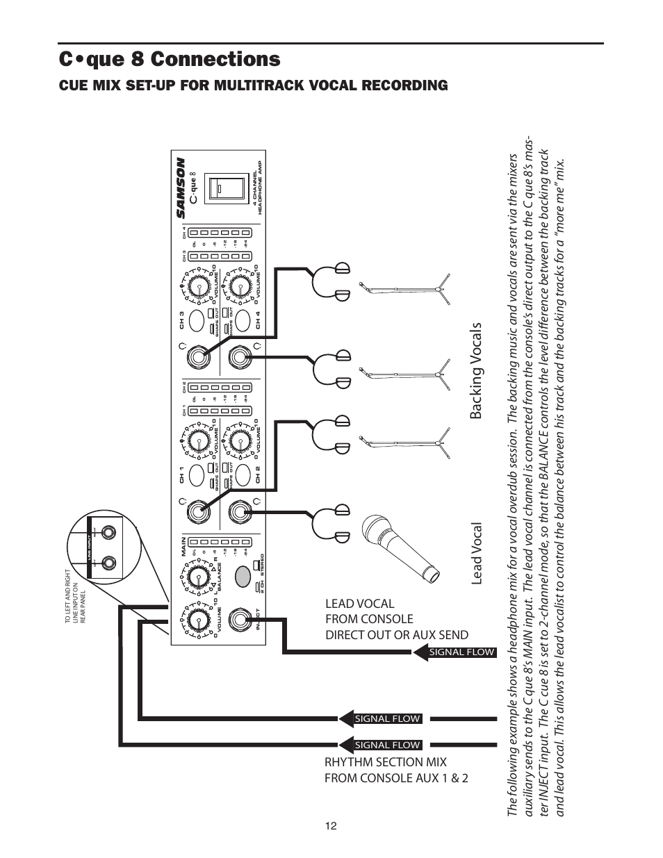 C•que 8 connections, Back ing v o cals, Cue mix set-up for multitrack vocal recording | Lead v ocal | Samson Cque 8 User Manual | Page 14 / 20