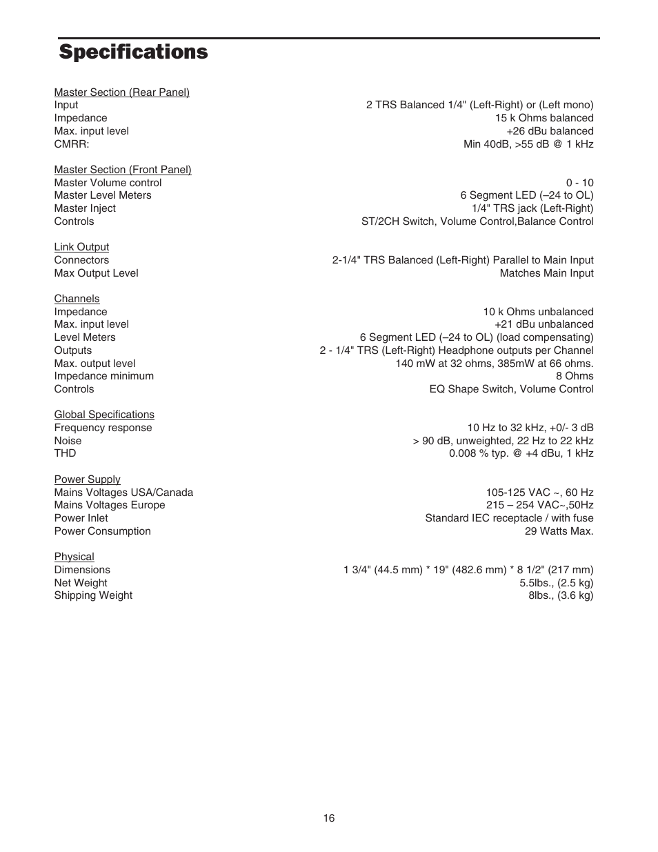 Specifications | Samson Cque 8 User Manual | Page 18 / 20