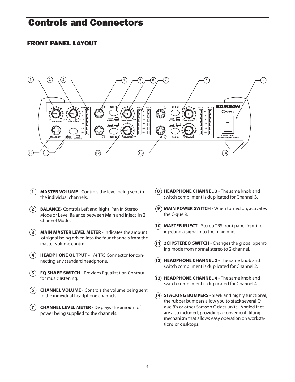 Controls and connectors, Front panel layout | Samson Cque 8 User Manual | Page 6 / 20