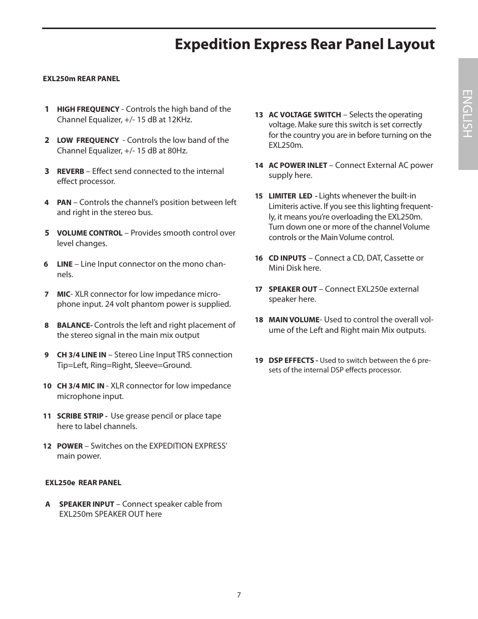 Expedition express rear panel layout, English | Samson EXL250 User Manual | Page 11 / 76