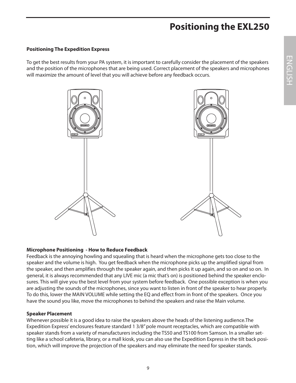Positioning the exl250, English | Samson EXL250 User Manual | Page 13 / 76