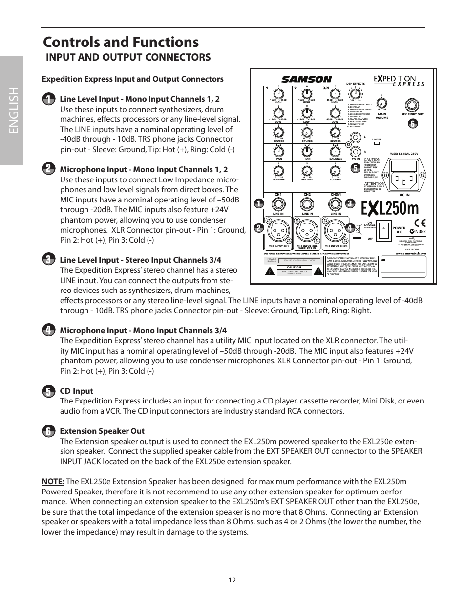 Controls and functions, English, Input and output connectors | Samson EXL250 User Manual | Page 16 / 76