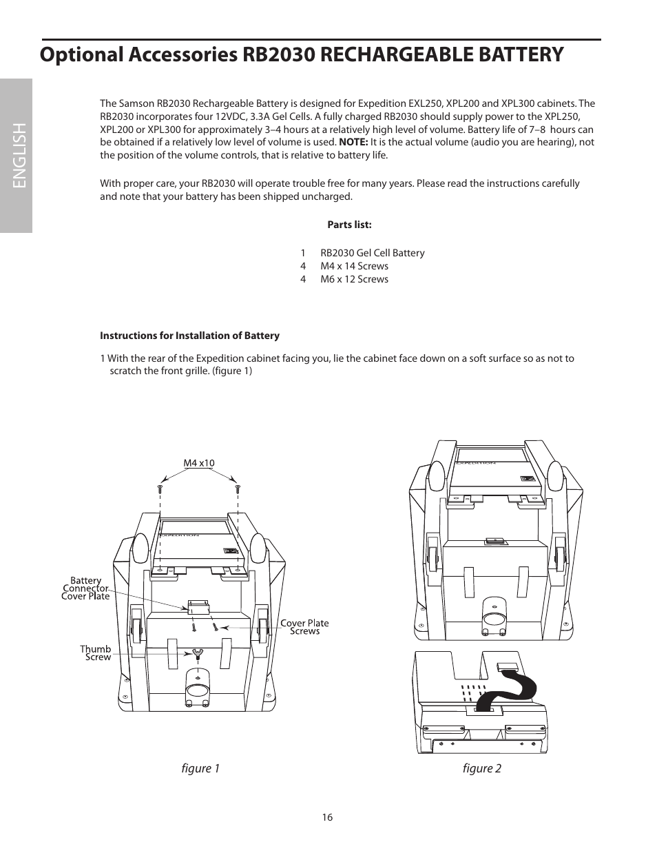 Optional accessories rb2030 rechargeable battery, English | Samson EXL250 User Manual | Page 20 / 76