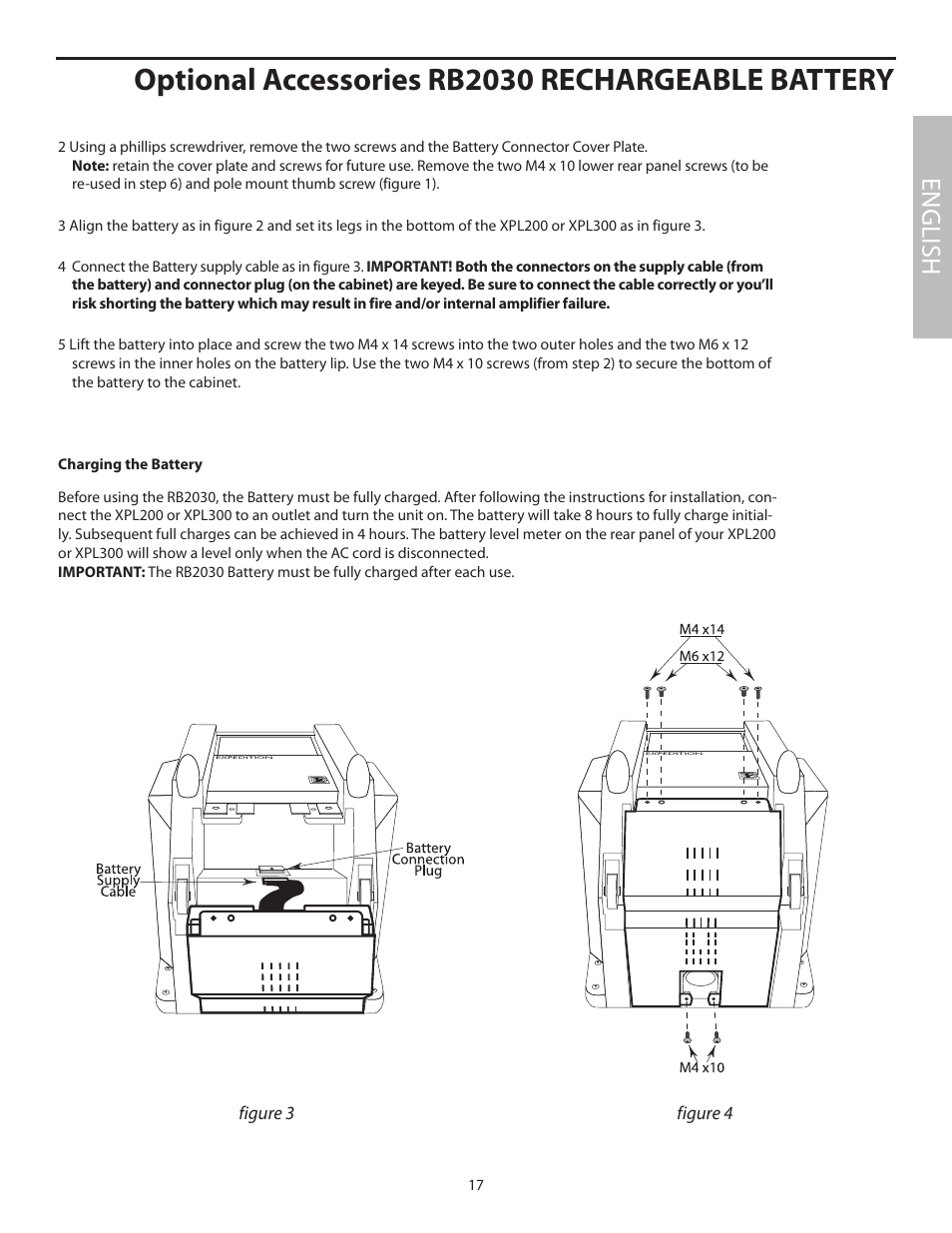 Optional accessories rb2030 rechargeable battery, English | Samson EXL250 User Manual | Page 21 / 76