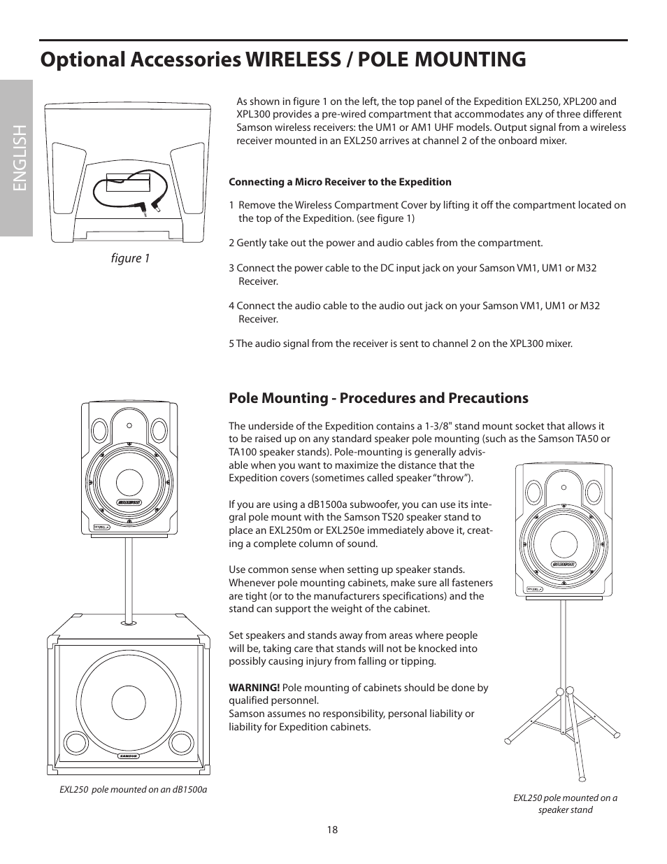 Optional accessories wireless / pole mounting, English, Pole mounting - procedures and precautions | Samson EXL250 User Manual | Page 22 / 76