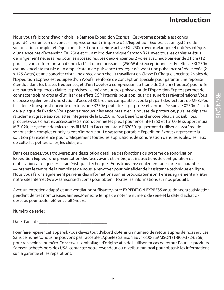 Introduction, Fr anç ais | Samson EXL250 User Manual | Page 23 / 76