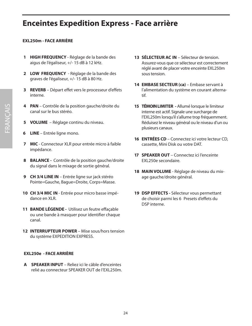 Enceintes expedition express - face arrière, Fr anç ais | Samson EXL250 User Manual | Page 28 / 76