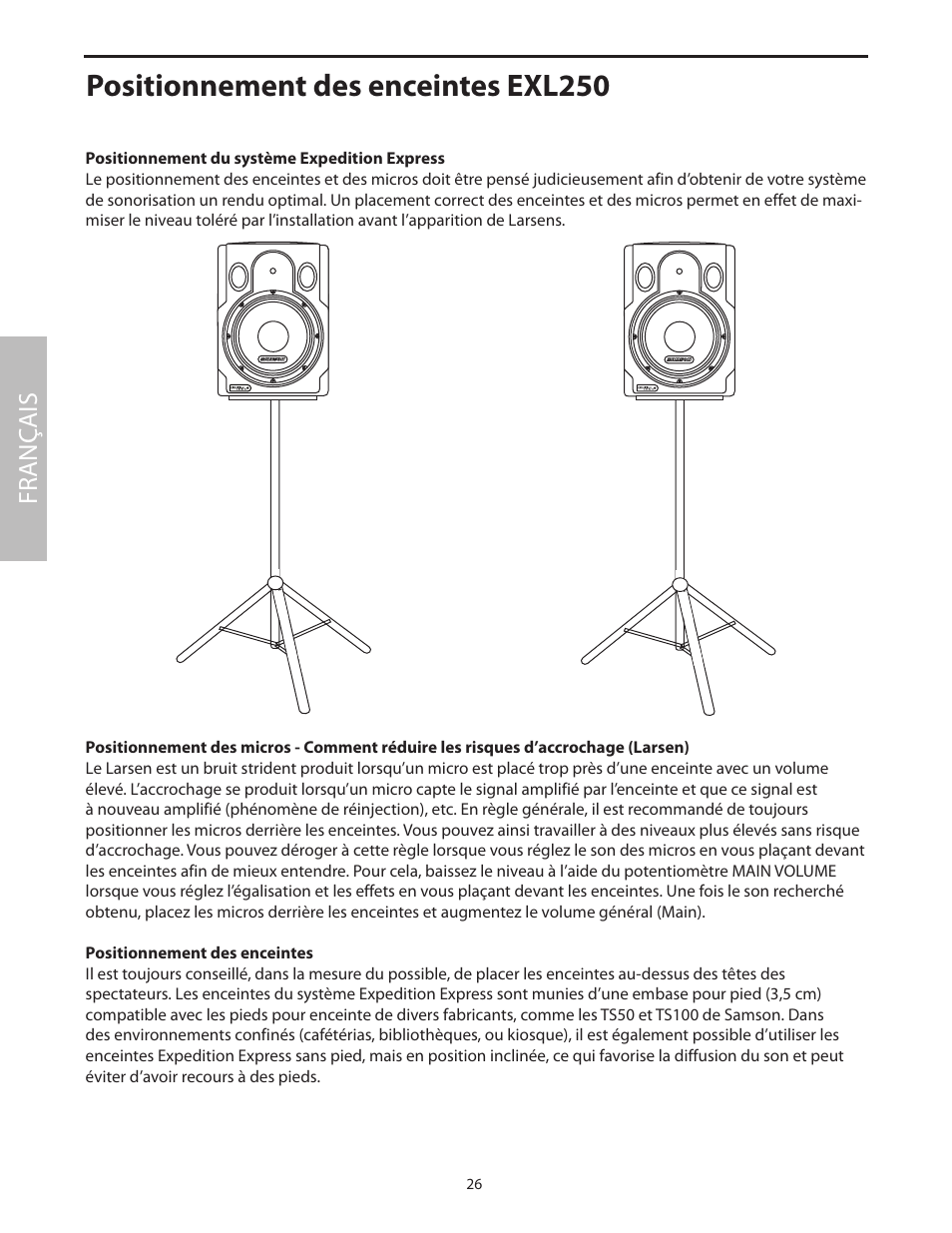 Positionnement des enceintes exl250, Fr anç ais | Samson EXL250 User Manual | Page 30 / 76