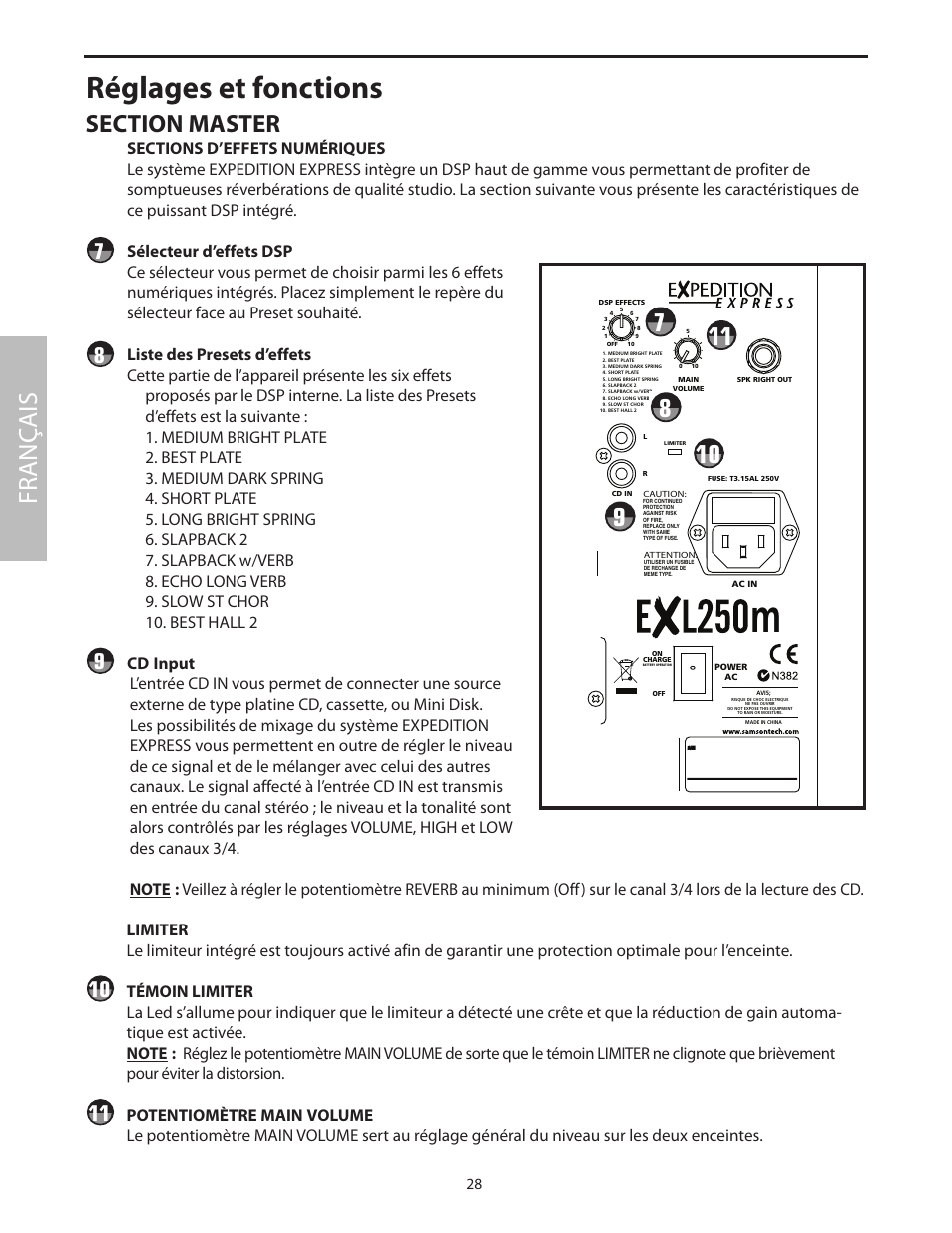 Réglages et fonctions, Fr anç ais | Samson EXL250 User Manual | Page 32 / 76