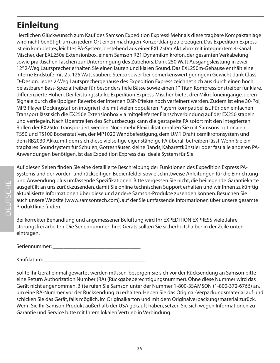 Einleitung, Deut sche | Samson EXL250 User Manual | Page 40 / 76