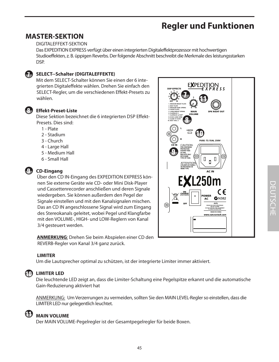 Regler und funktionen, Deut sche, Master-sektion | Samson EXL250 User Manual | Page 49 / 76