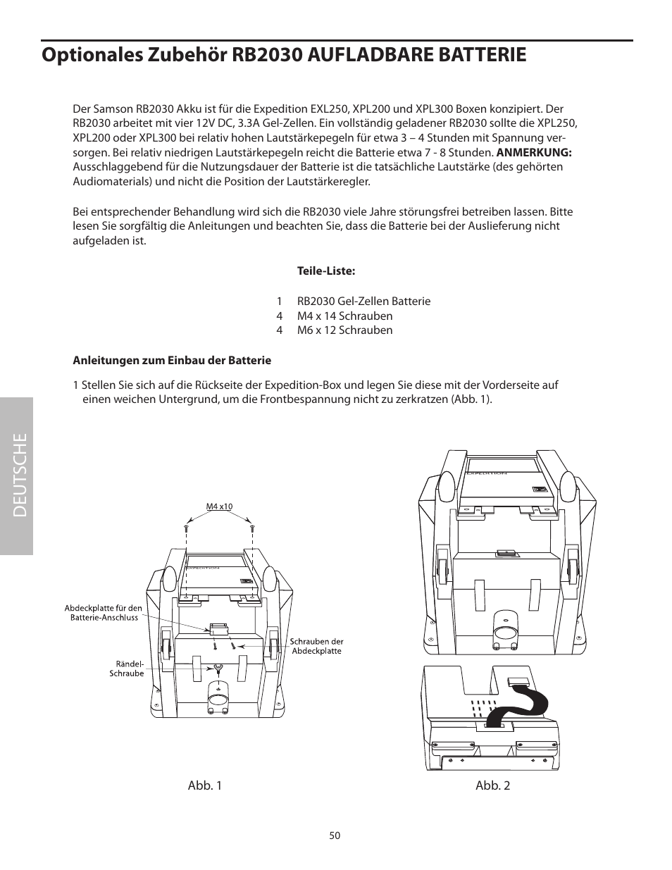 Optionales zubehör rb2030 aufladbare batterie, Deut sche | Samson EXL250 User Manual | Page 54 / 76