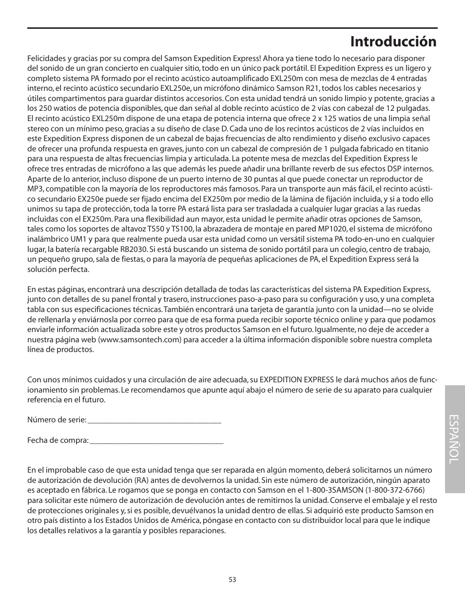 Introducción, Esp añol | Samson EXL250 User Manual | Page 57 / 76