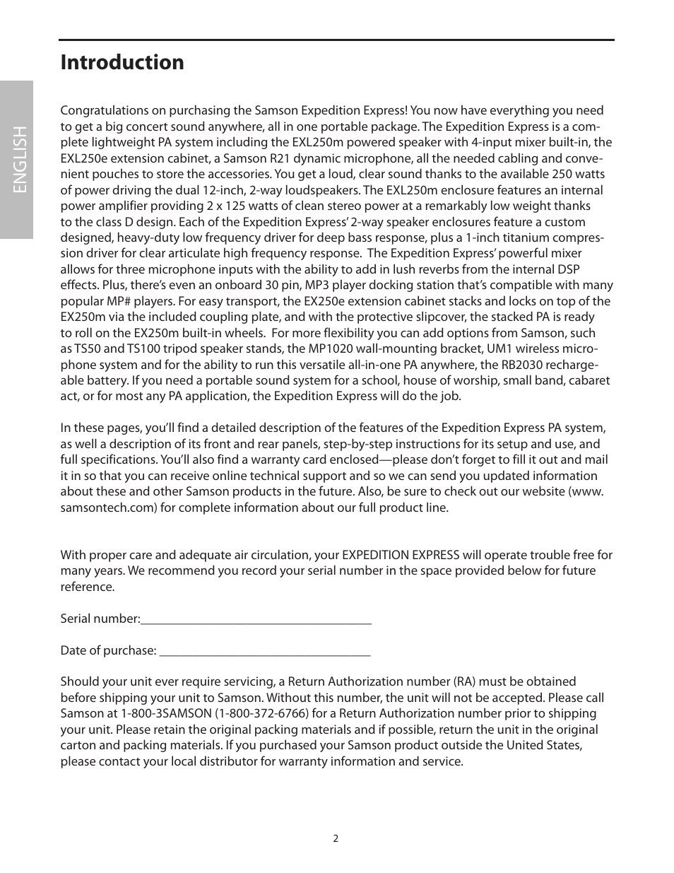 Introduction, English | Samson EXL250 User Manual | Page 6 / 76