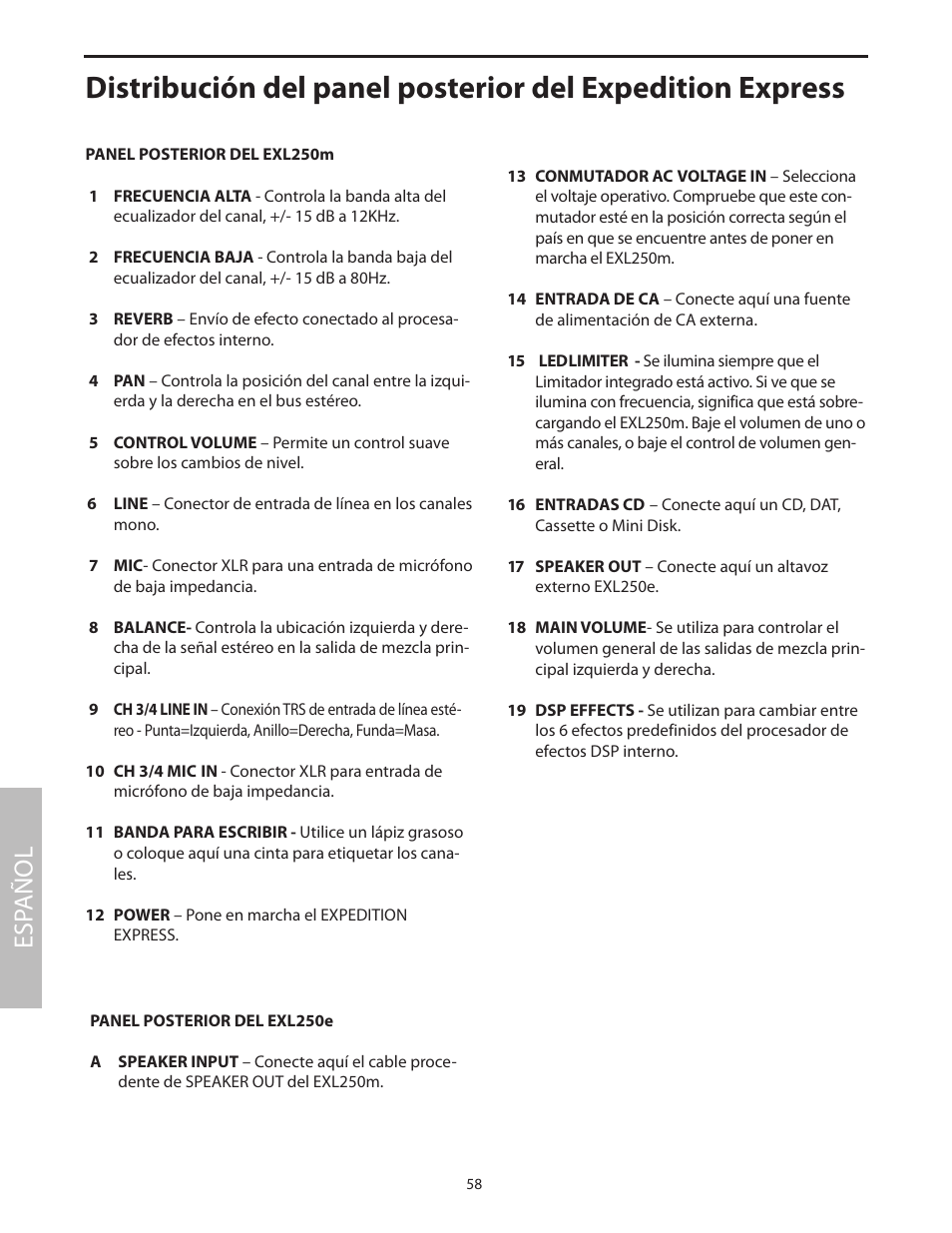 Esp añol | Samson EXL250 User Manual | Page 62 / 76