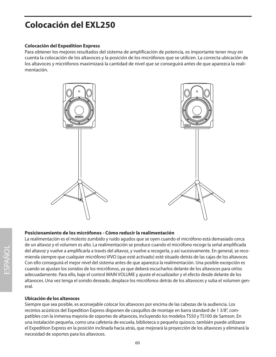 Colocación del exl250, Esp añol | Samson EXL250 User Manual | Page 64 / 76