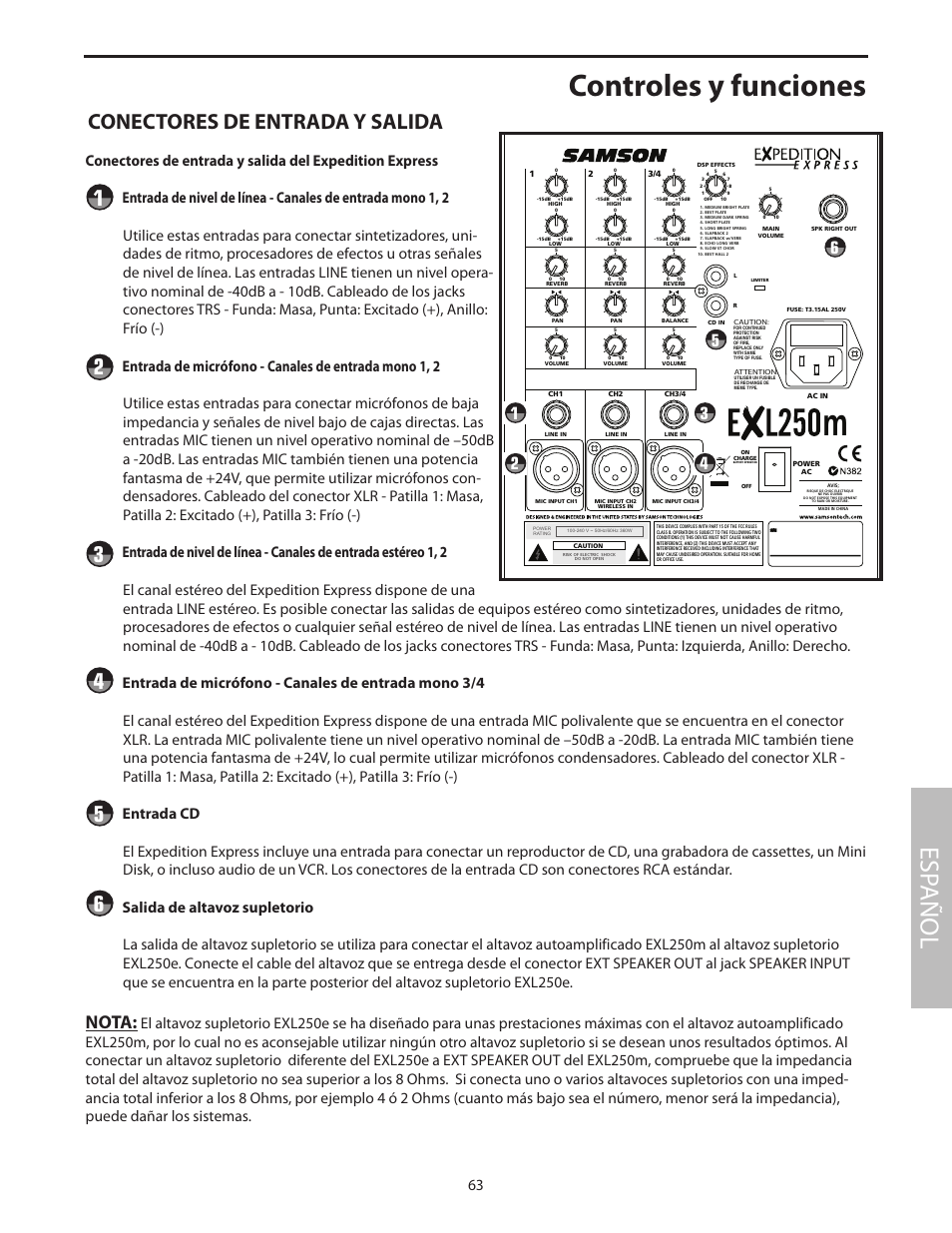 Controles y funciones, Esp añol, Conectores de entrada y salida | Nota | Samson EXL250 User Manual | Page 67 / 76