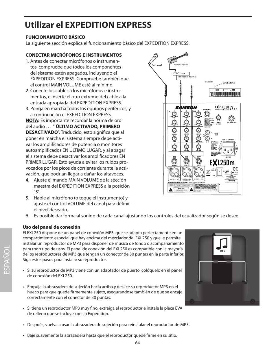 Utilizar el expedition express, Esp añol | Samson EXL250 User Manual | Page 68 / 76