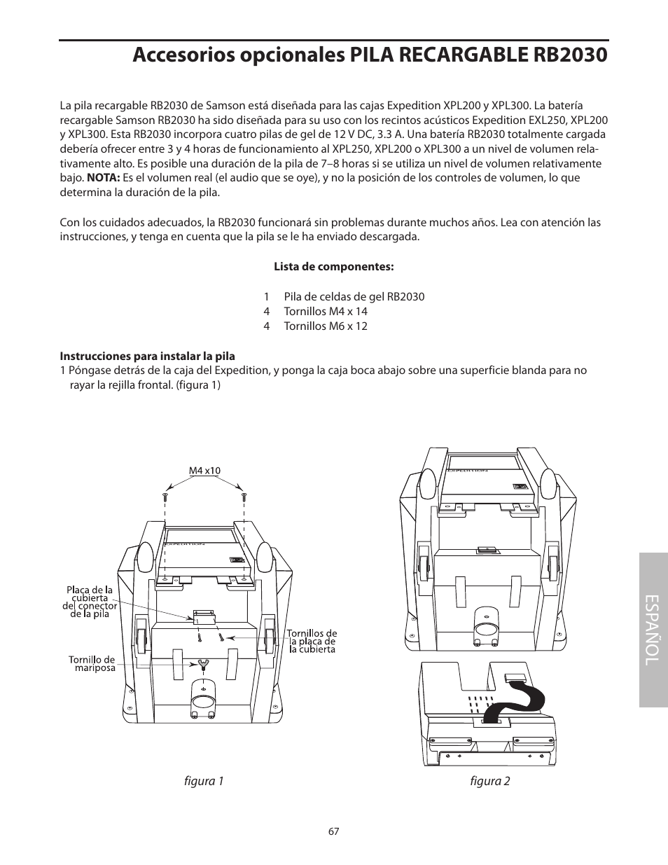 Accesorios opcionales pila recargable rb2030, Esp añol | Samson EXL250 User Manual | Page 71 / 76