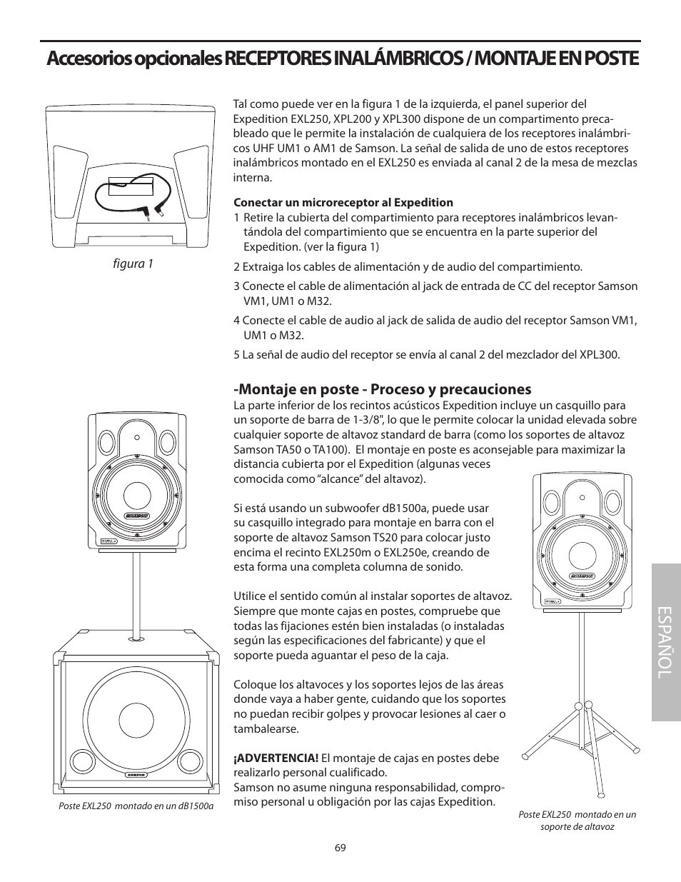 Esp añol, Montaje en poste - proceso y precauciones | Samson EXL250 User Manual | Page 73 / 76