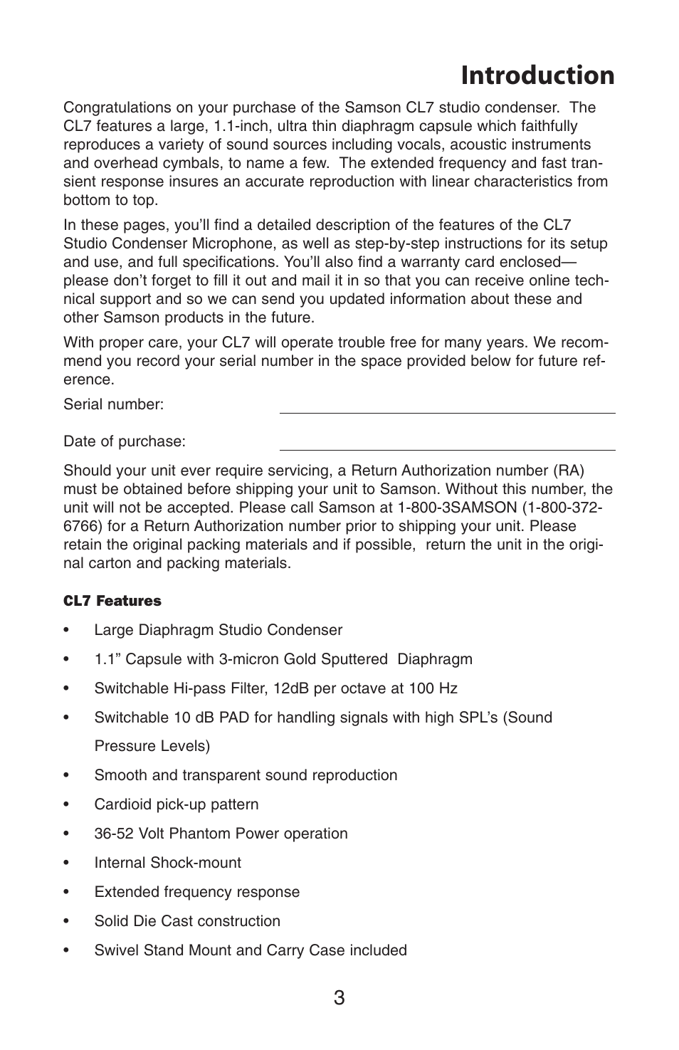 Introduction | Samson CL7 User Manual | Page 3 / 8