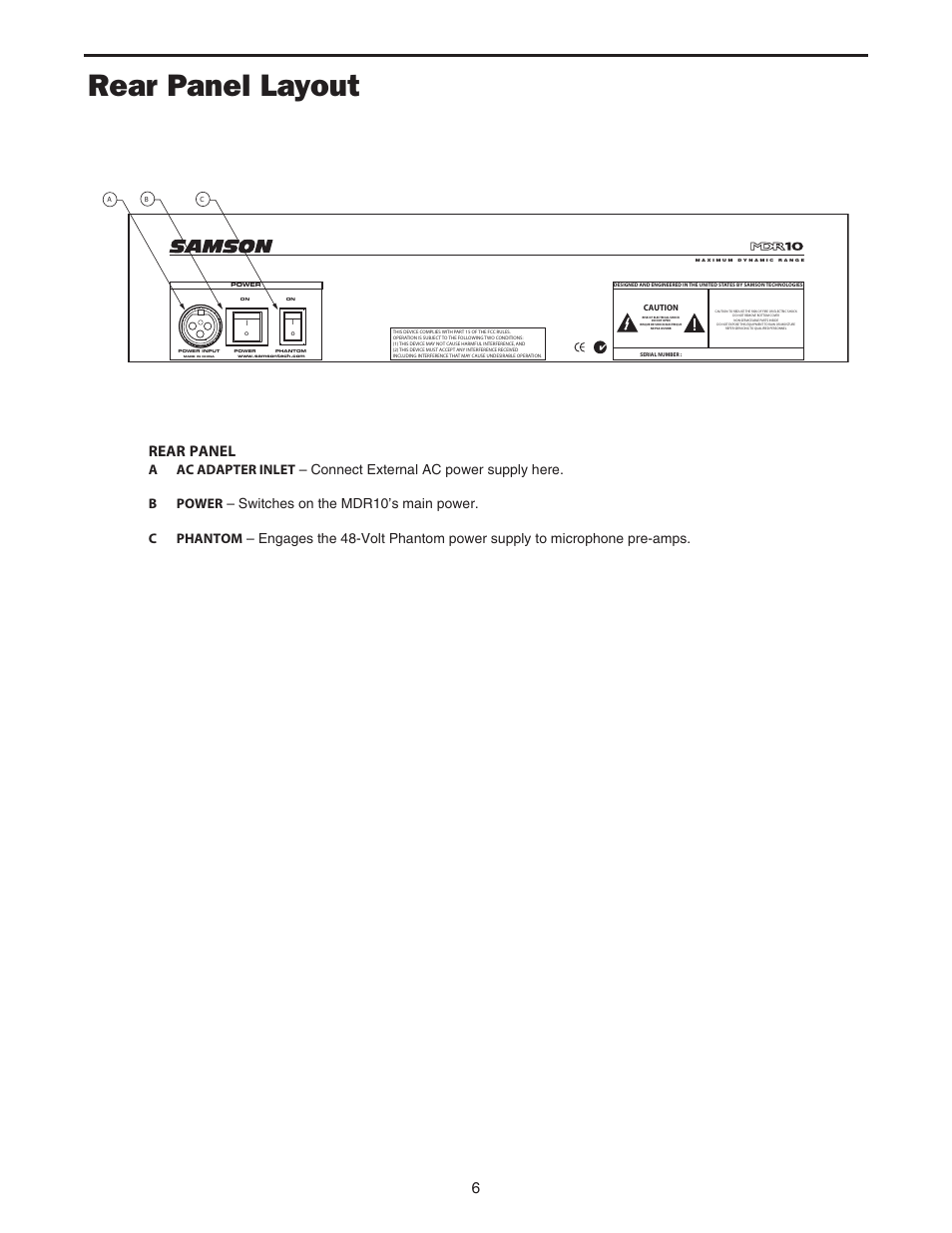 Rear panel layout, 6rear panel | Samson MDR10 User Manual | Page 8 / 28