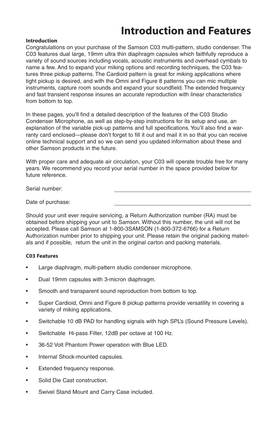 Introduction and features | Samson C03 User Manual | Page 3 / 8