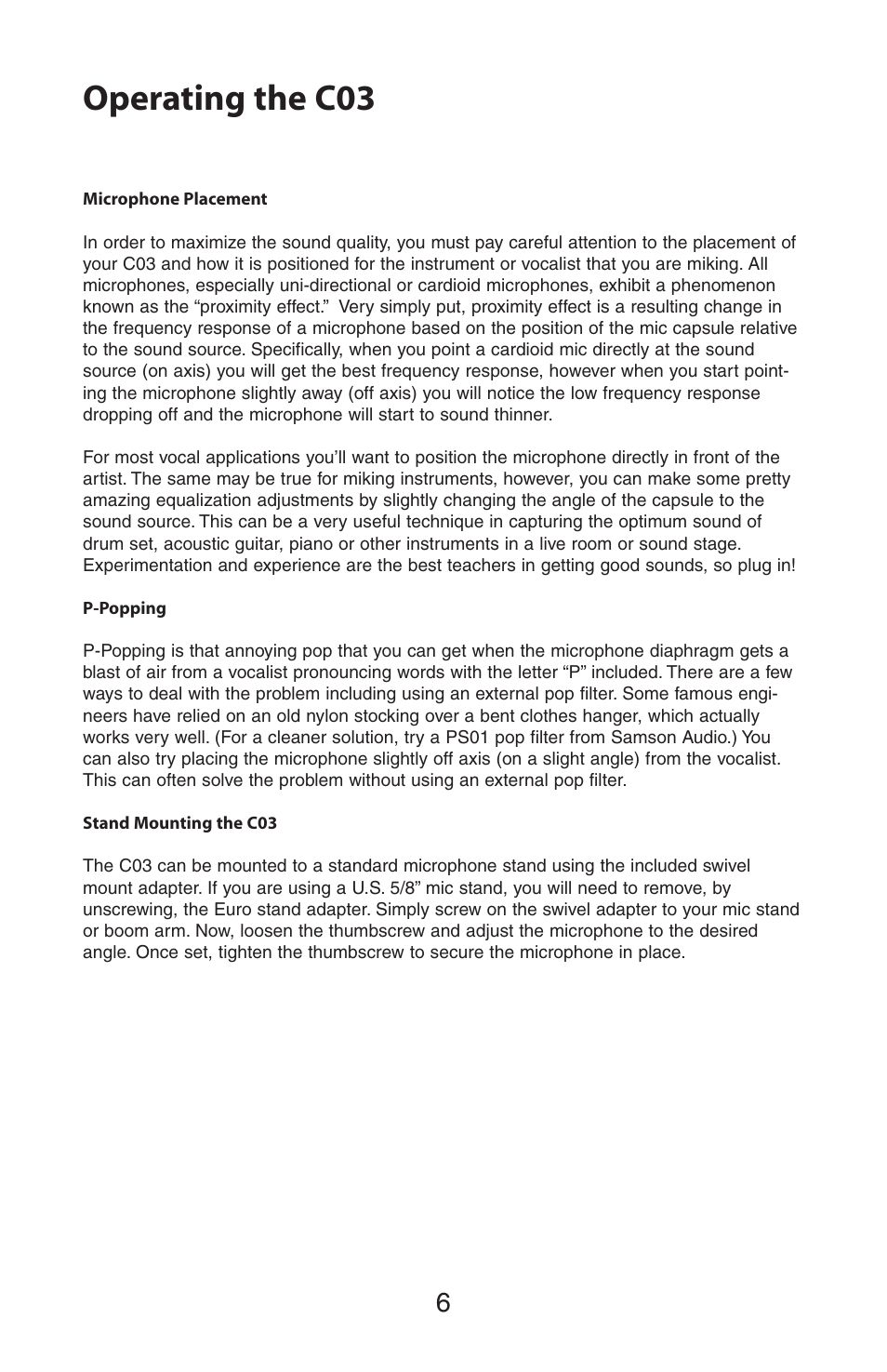 Operating the c03 | Samson C03 User Manual | Page 6 / 8