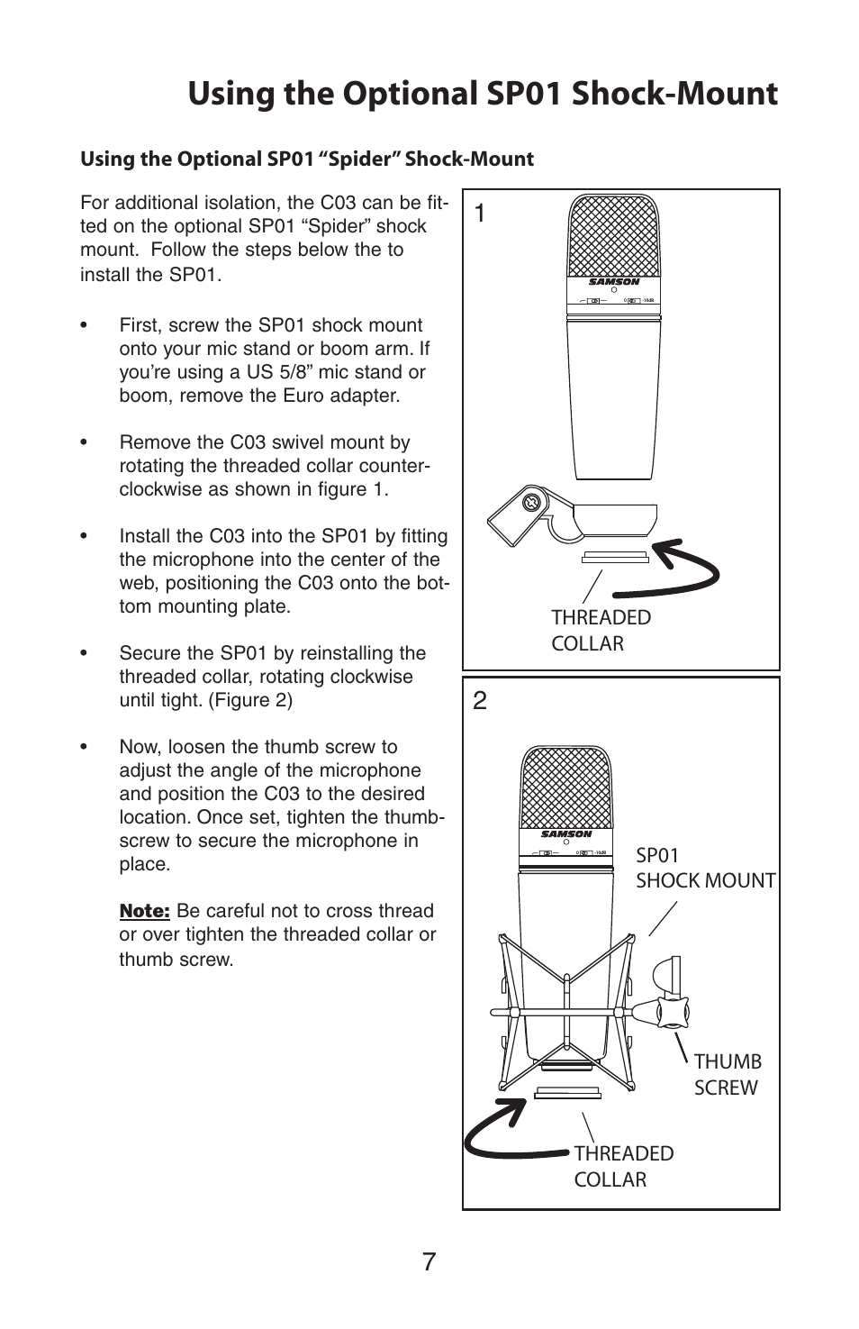 Using the optional sp01 shock-mount, Threaded collar | Samson C03 User Manual | Page 7 / 8